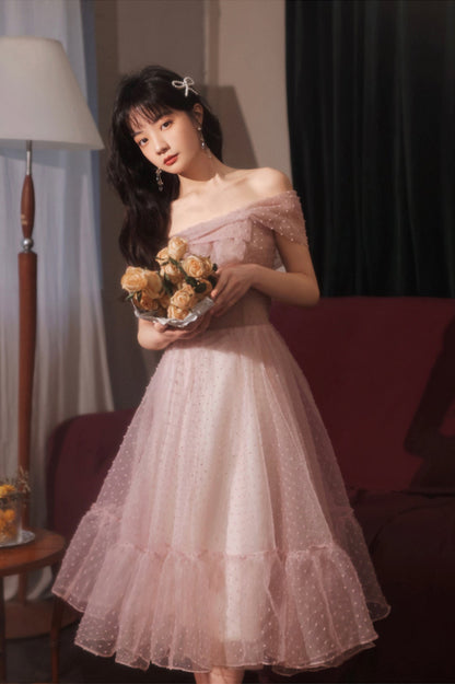 Pink Tulle Short A-Line Prom Dress, One Shoulder Homecoming Party Dress