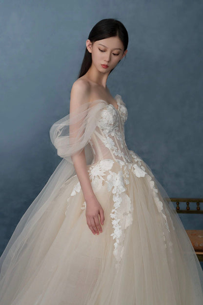 Off the Shoulder Lace Long Champagne Prom Dress, Lace Evening Formal Gown