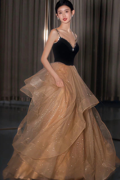 Elegante vestido de fiesta largo de tul y terciopelo, vestido de noche de corte A con espalda abierta