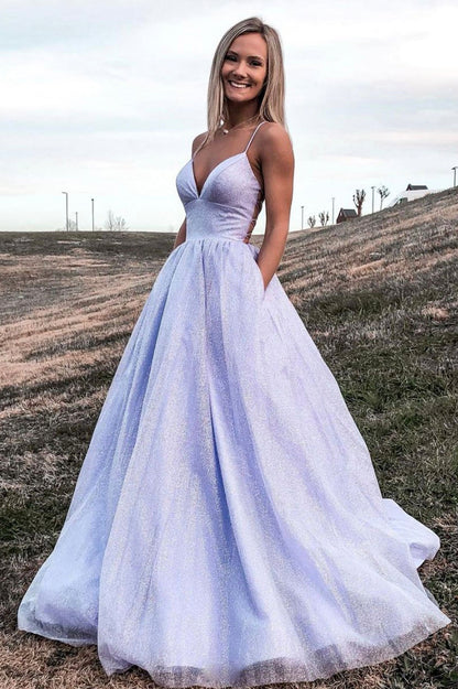 Purple V-Neck Tulle Long Prom Dress, A-Line Lovely Evening Dress
