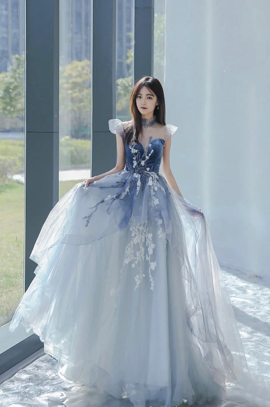 Blue Tulle Long A-Line Prom Dress with Lace, Lovely Evening Party Dress