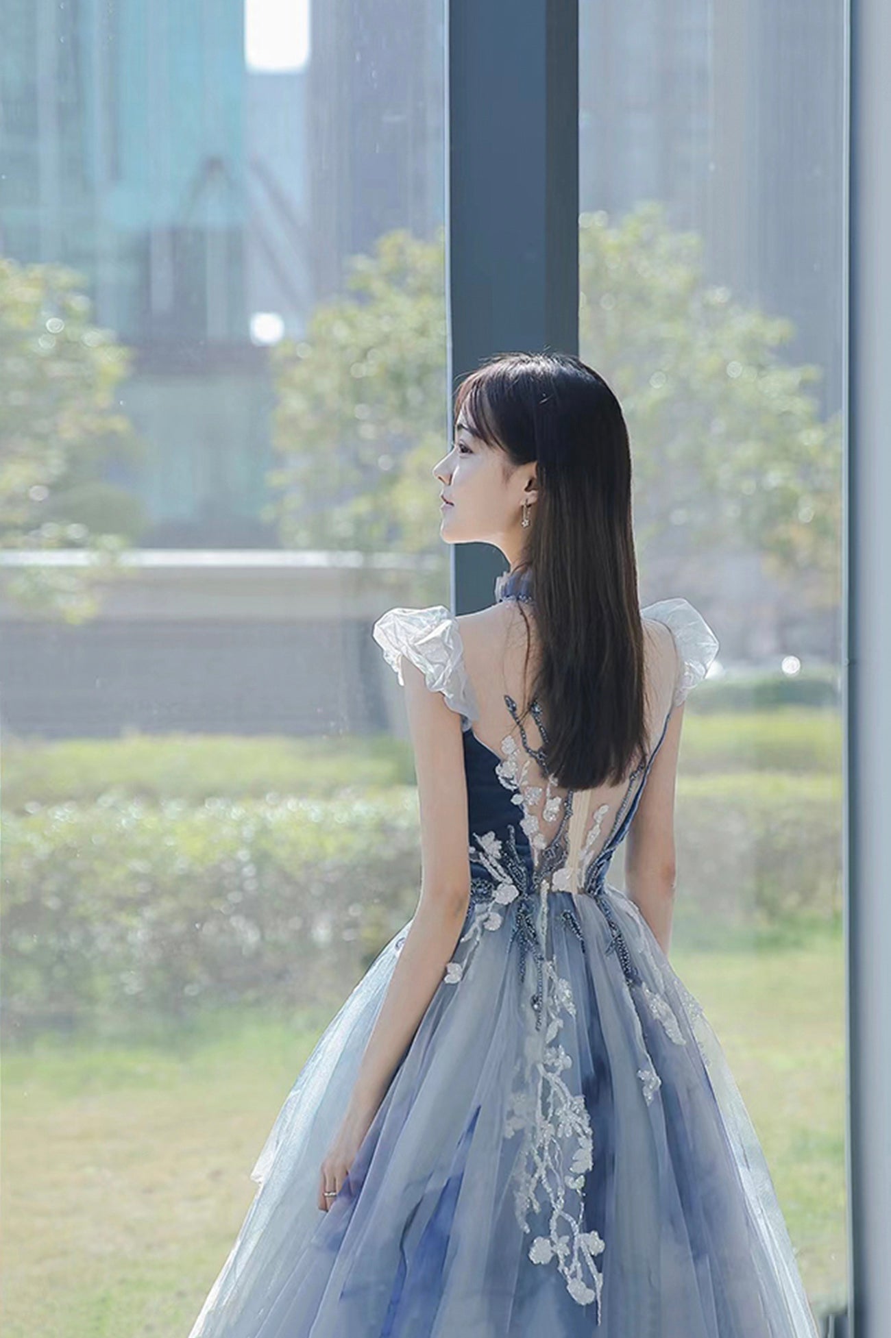 Blue Tulle Long A-Line Prom Dress with Lace, Lovely Evening Party Dress