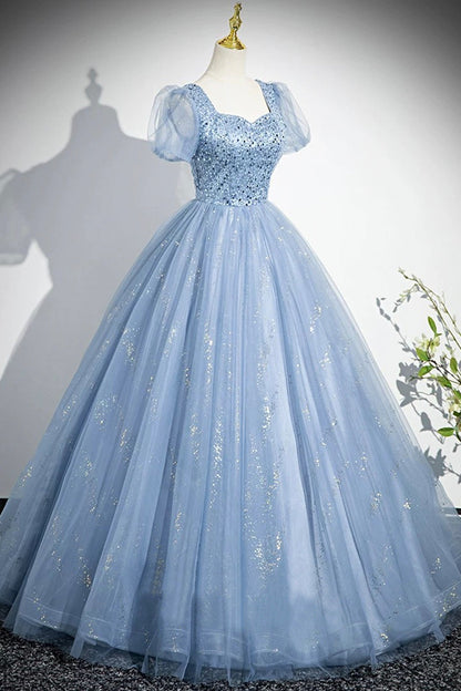 Light Blue Tulle Sequins Long Prom Dress, Blue Short Sleeve Evening Dress