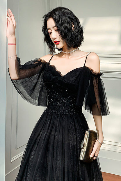 Black Lace Long A-Line Prom Dress, Black Off the Shoulder Evening Dress