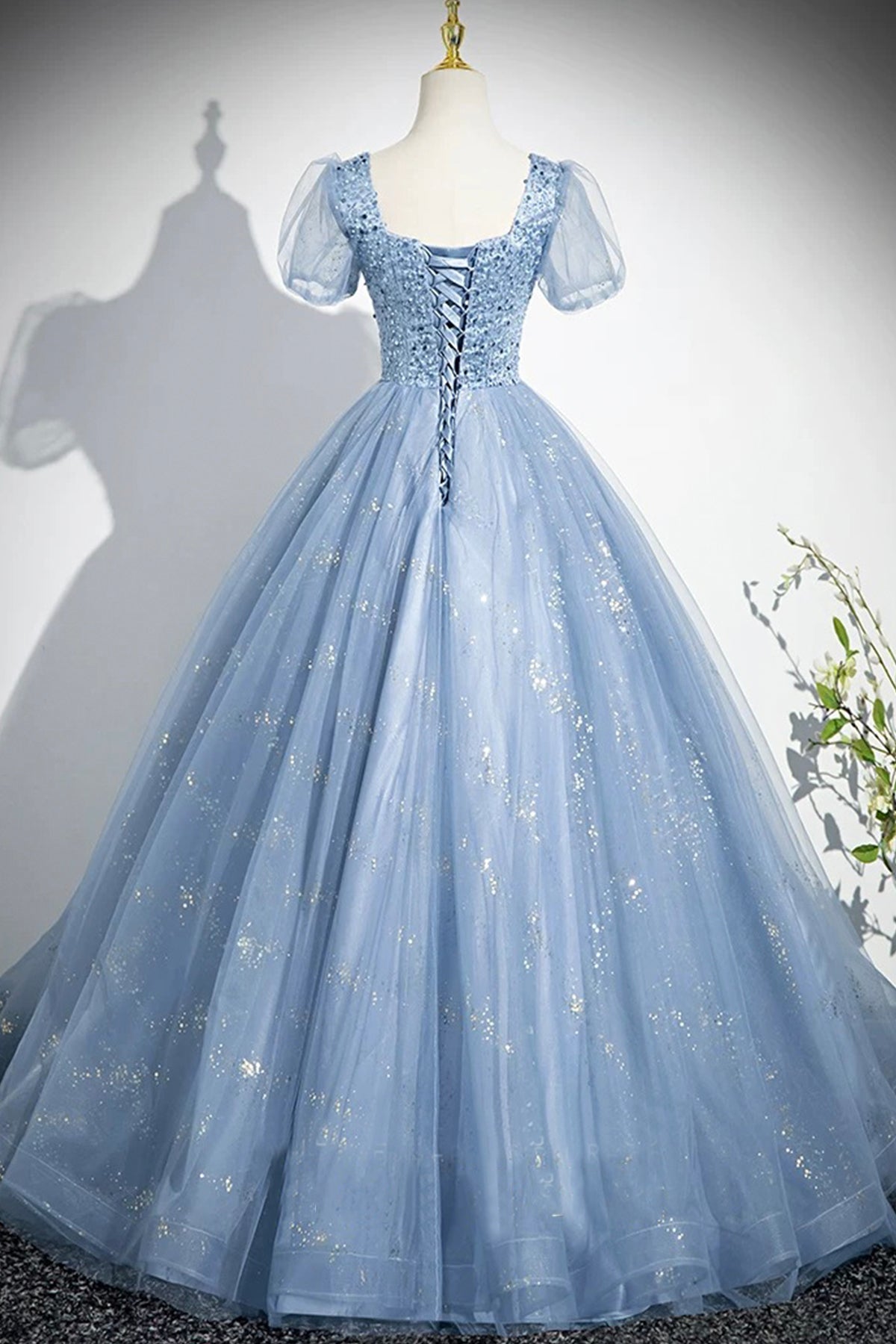 Light Blue Tulle Sequins Long Prom Dress, Blue Short Sleeve Evening Dress