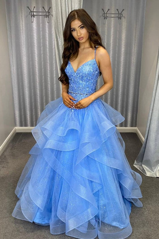 Blue Tulle Layers Long Formal Dress, V-Neck Spaghetti Straps Evening Party Dress