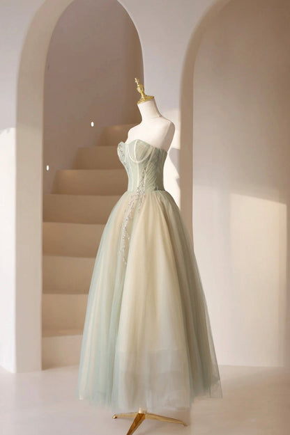 Cute Tulle Tea Length Prom Dress, Green A-Line Strapless Evening Party Dress