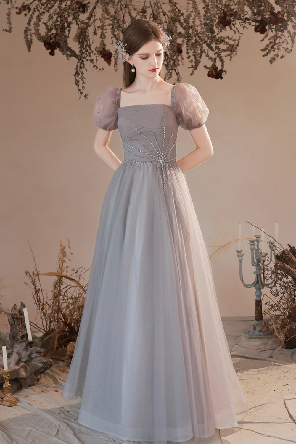 Gray Tulle Beaded Long Prom Dress, Lovely Short Sleeve Evening Graduation Dress