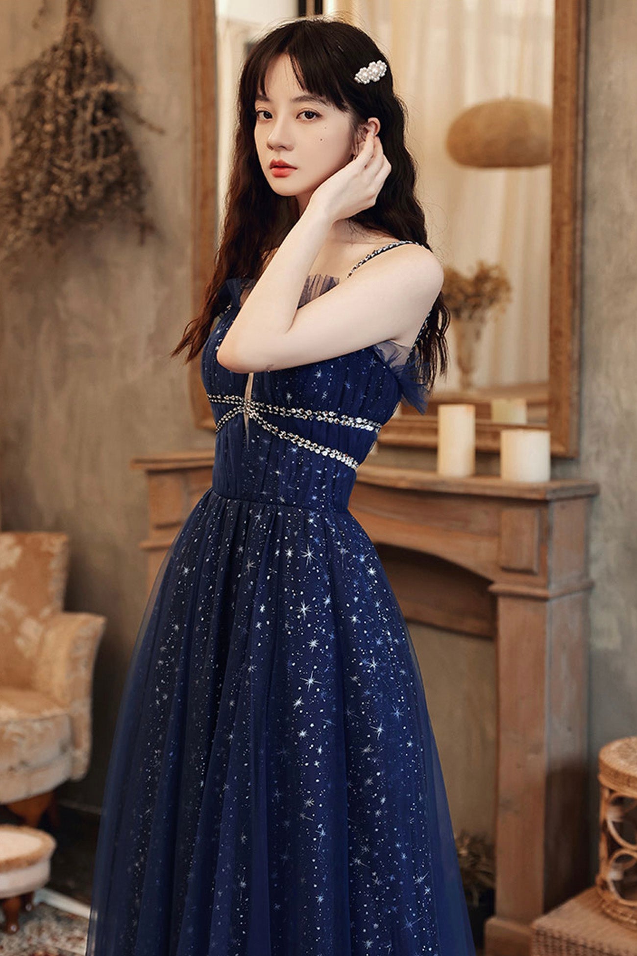 Blue Spaghetti Strap Tulle Prom Dress, A-Line Evening Graduation Dress