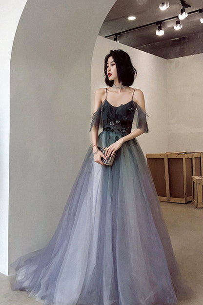 Stylish V-Neck Gradient Tulle Long Prom Dress, A-Line Backless Evening Party Dress