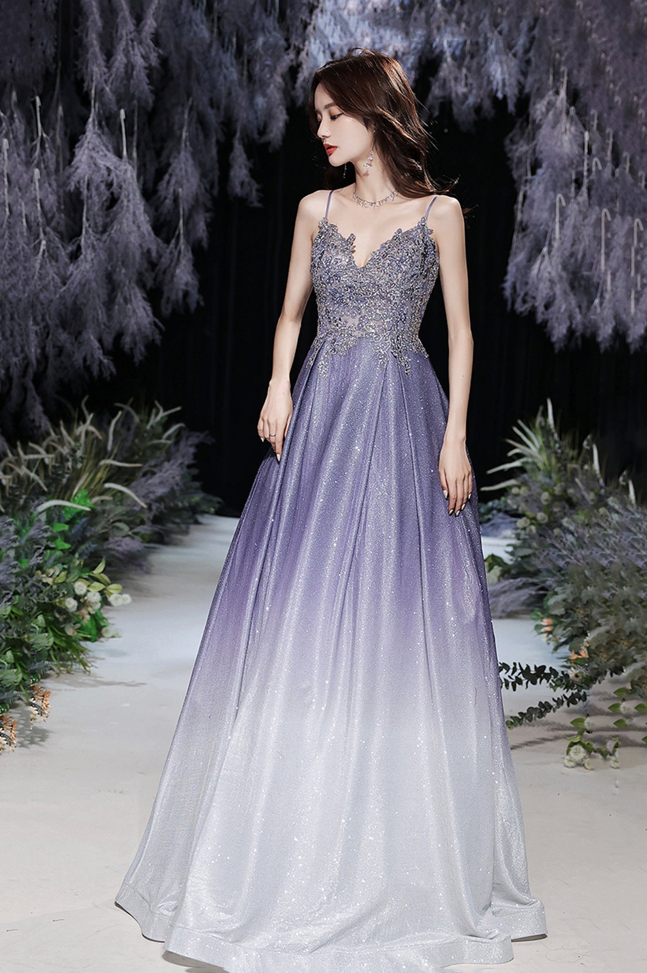 Purple V-Neck Lace Long Prom Dress, Purple Gradient Party Dress with Pockets