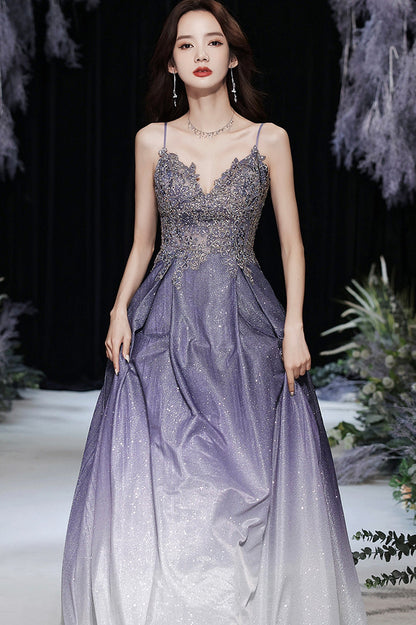 Purple V-Neck Lace Long Prom Dress, Purple Gradient Party Dress with Pockets