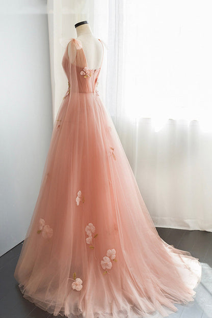 Pink Tulle Long A-Line Prom Dress, Cute Graduation Dress