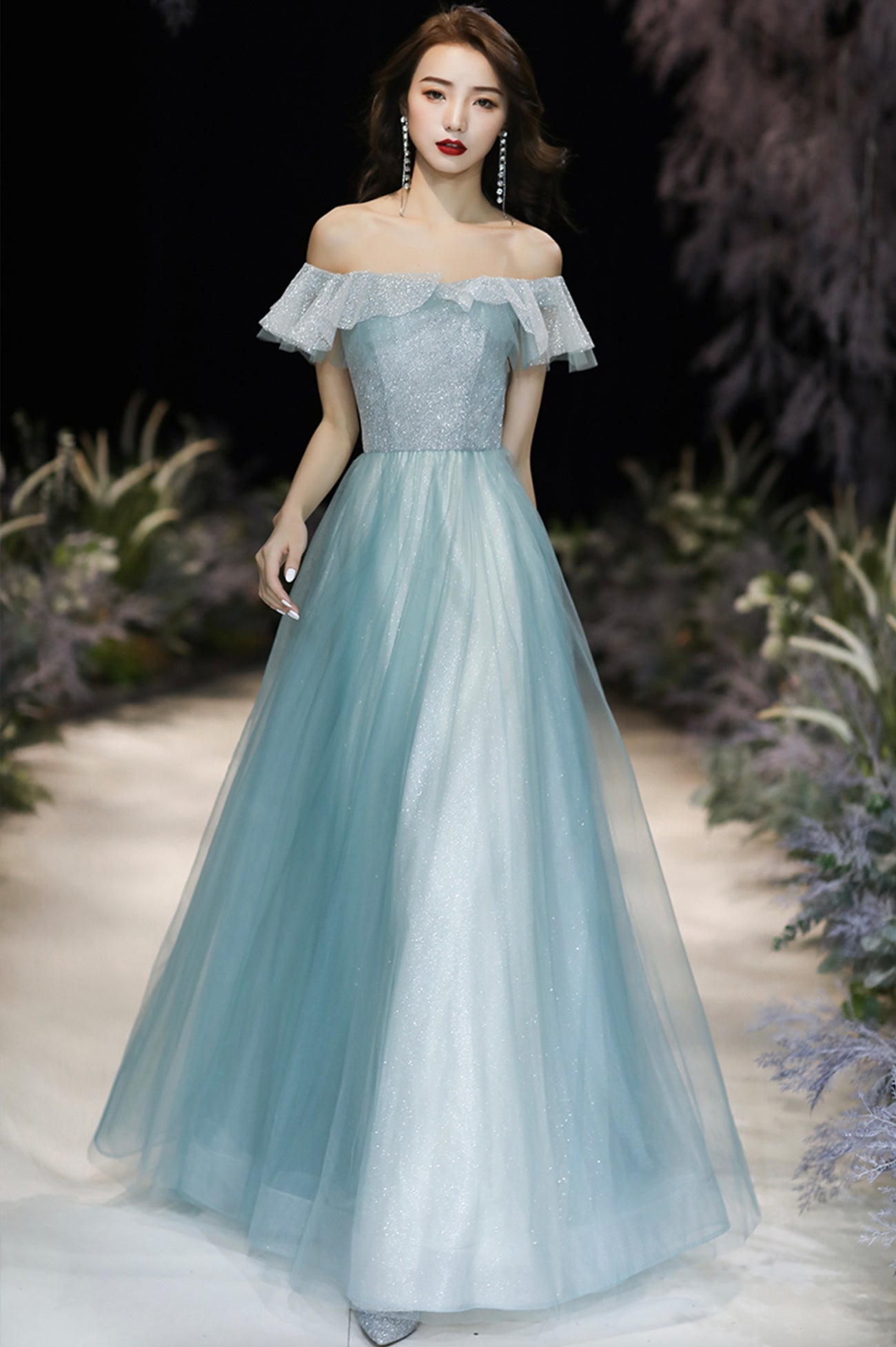 Cute Tulle Long A-Line Prom Dress, Off the Shoulder Evening Party Dress