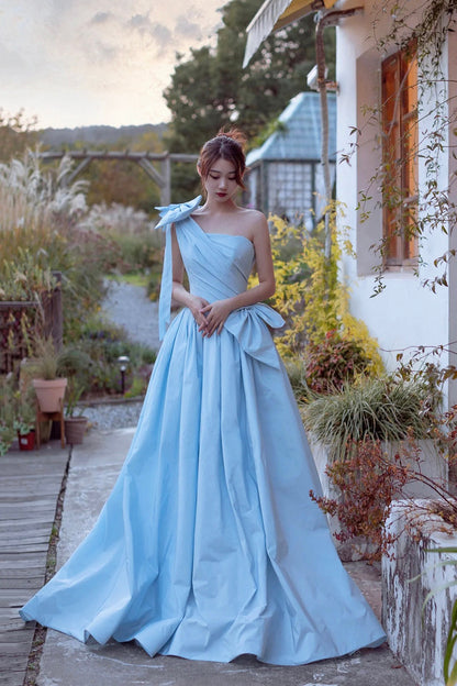 Blue Satin One Shoulder Floor Length Prom Dress, Lovely A-Line Evening Party Dress