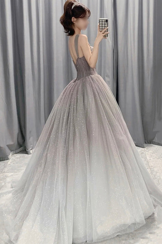 Gray Gradient Tulle Long Prom Dress, A-Line Evening Party Dress