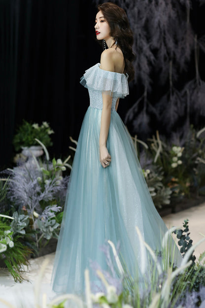 Cute Tulle Long A-Line Prom Dress, Off the Shoulder Evening Party Dress