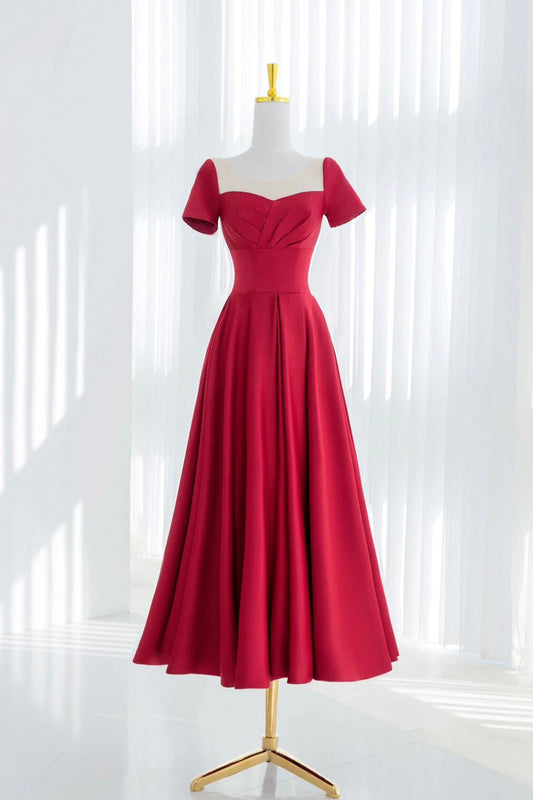 Red Satin Prom Dress, A-Line Beautiful Tea Length Evening Party Dress