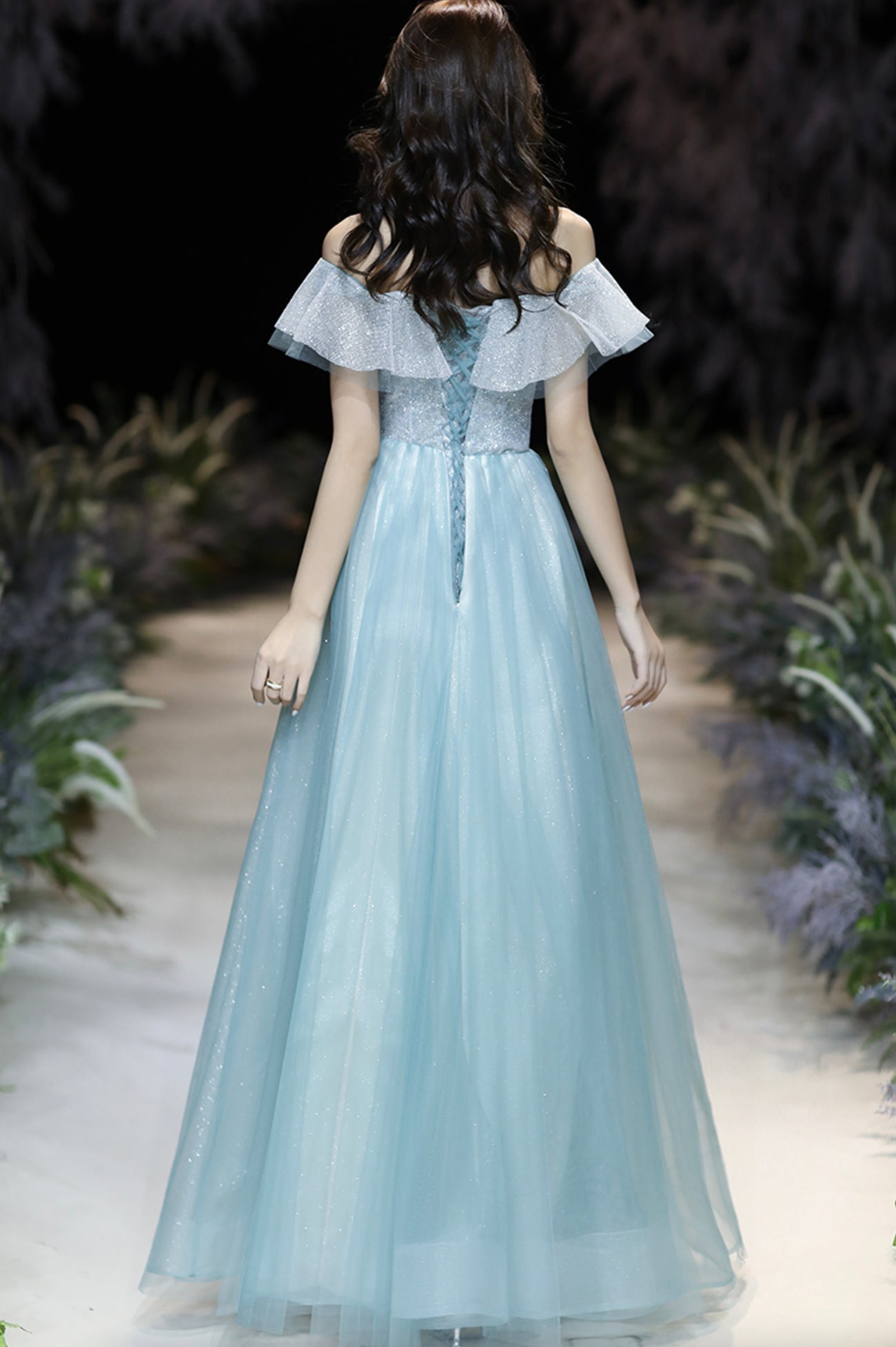 Cute Tulle Long A-Line Prom Dress, Off the Shoulder Evening Party Dress