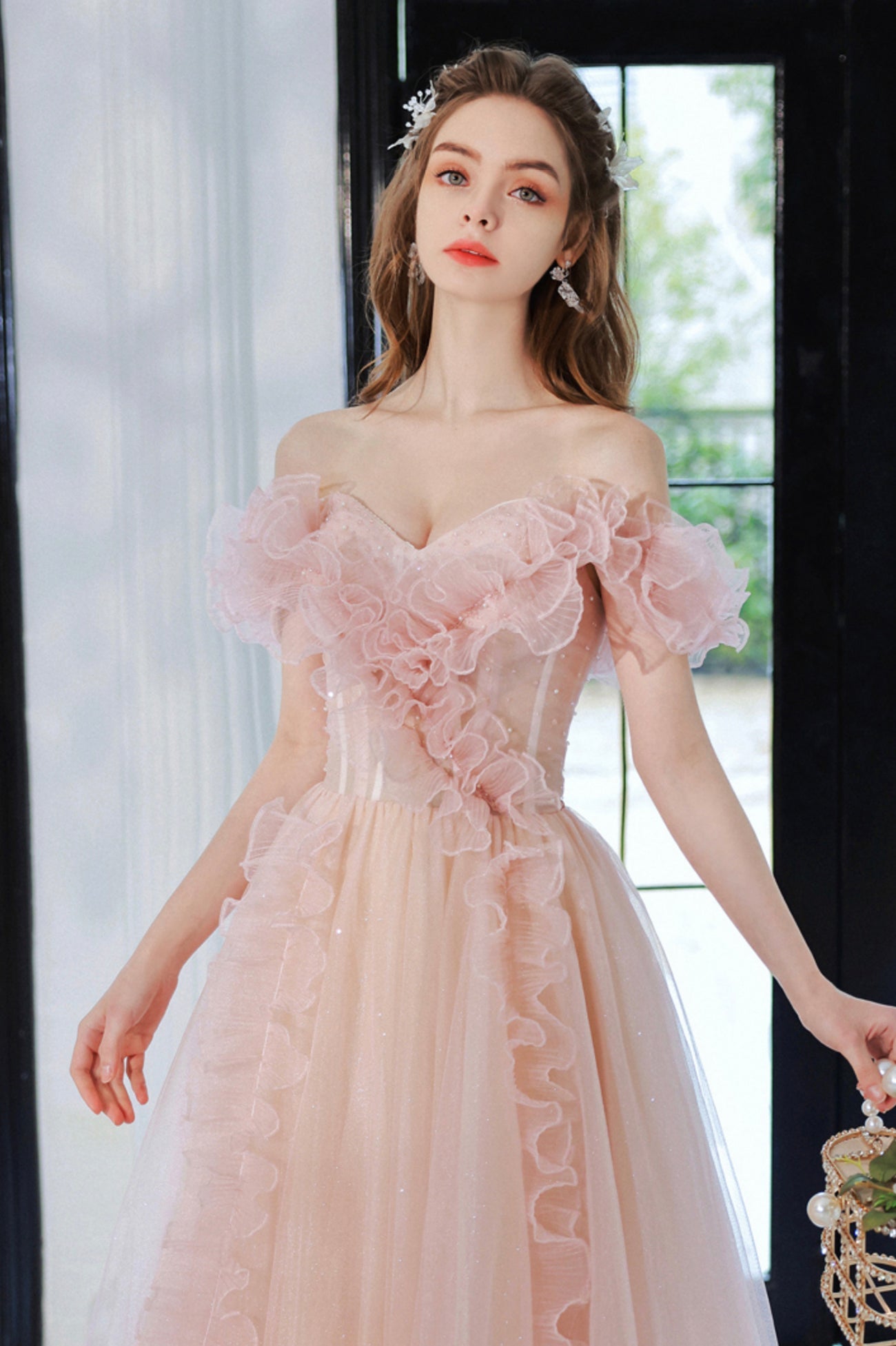 Pink Tulle Long A-Line Prom Dress, Lovely Off the Shoulder Evening Dress