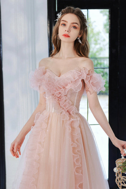 Pink Tulle Long A-Line Prom Dress, Lovely Off the Shoulder Evening Dress