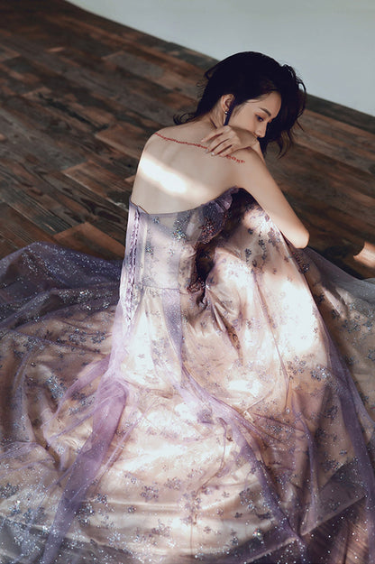 Purple Tulle Sequins Long Prom Dress, A-Line Strapless Evening Party Dress