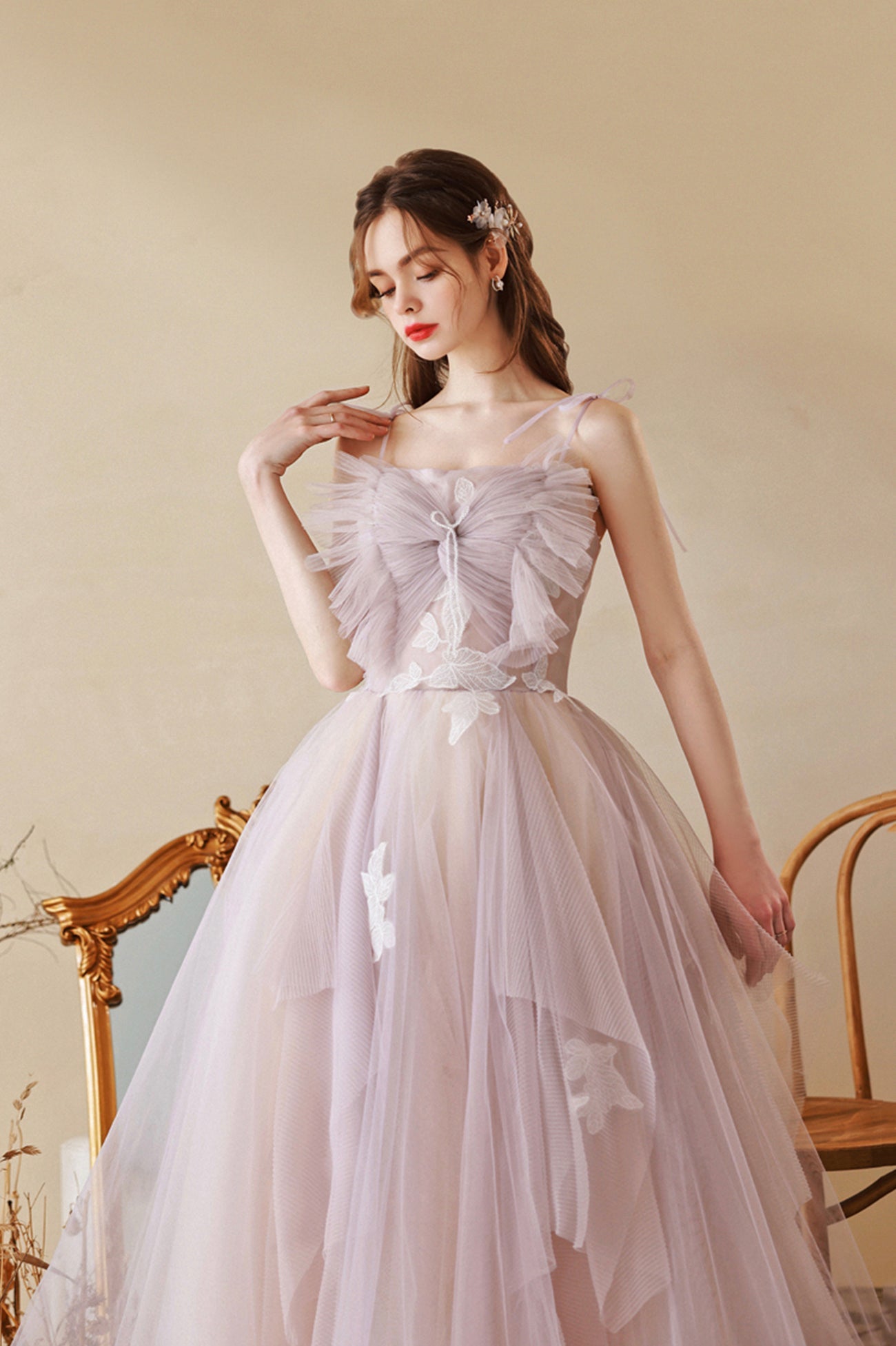 Cute Tulle Lace Long A-Line Prom Dress, Spaghetti Straps Evening Dress