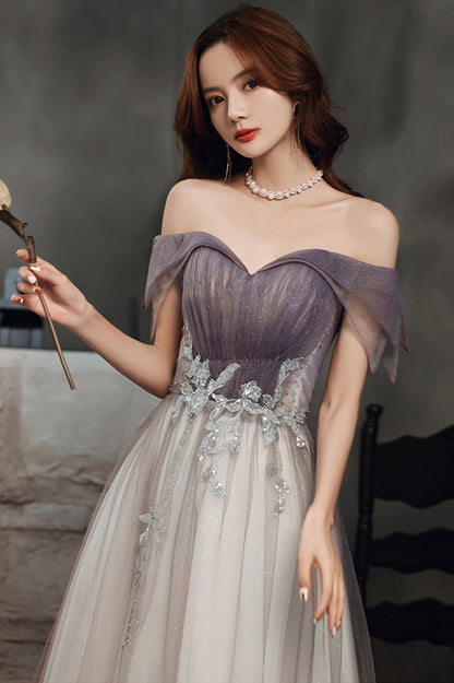 Purple Tulle Long A-Line Prom Dress, Off the Shoulder Evening Graduation Dress
