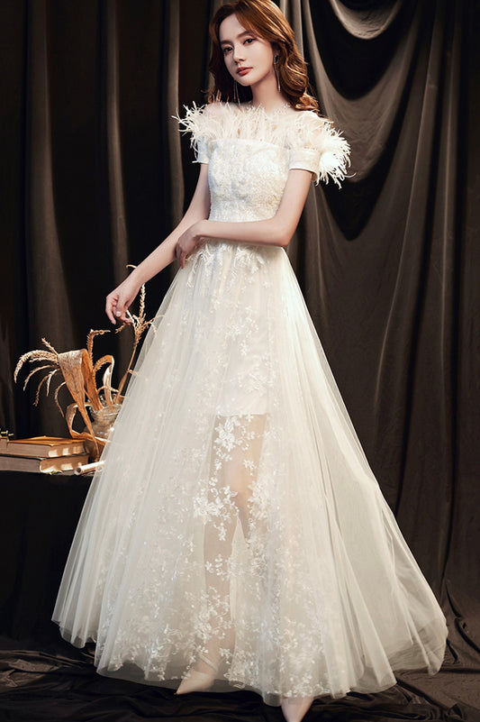 White Lace Long A-Line Prom Dress with Feather, Off the Shoulder Evening Dress