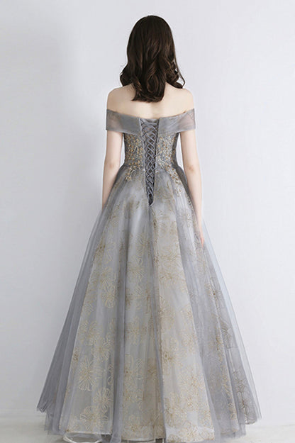Gray Tulle Sequins Long Prom Dress, Off the Shoulder Evening Graduation Dress