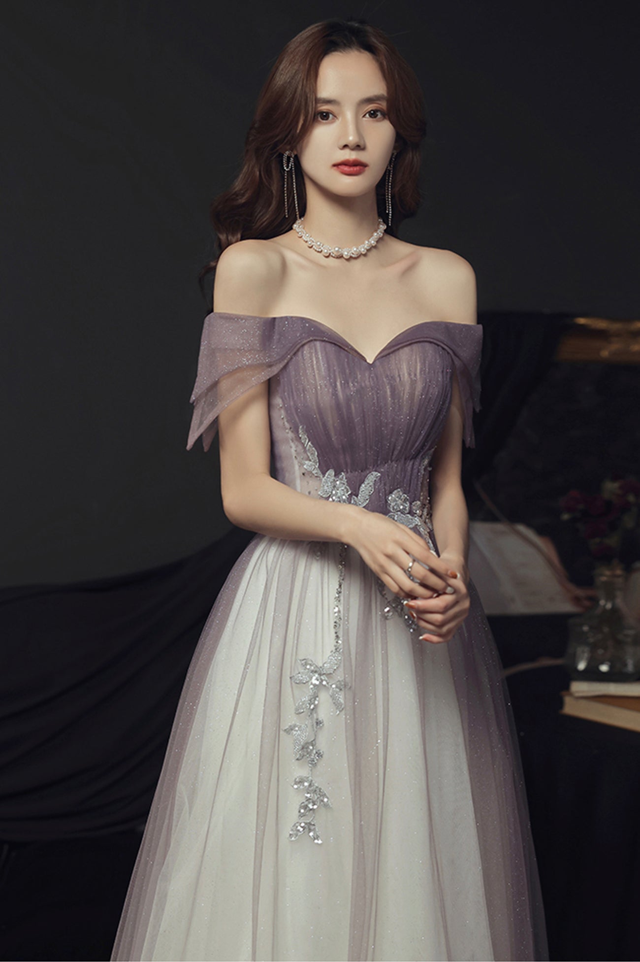 Purple Tulle Long A-Line Prom Dress, Off the Shoulder Evening Graduation Dress