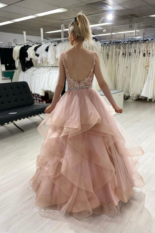 Pink Lace Long A-Line Prom Dress, Pink Scoop Neckline Evening Party Dress
