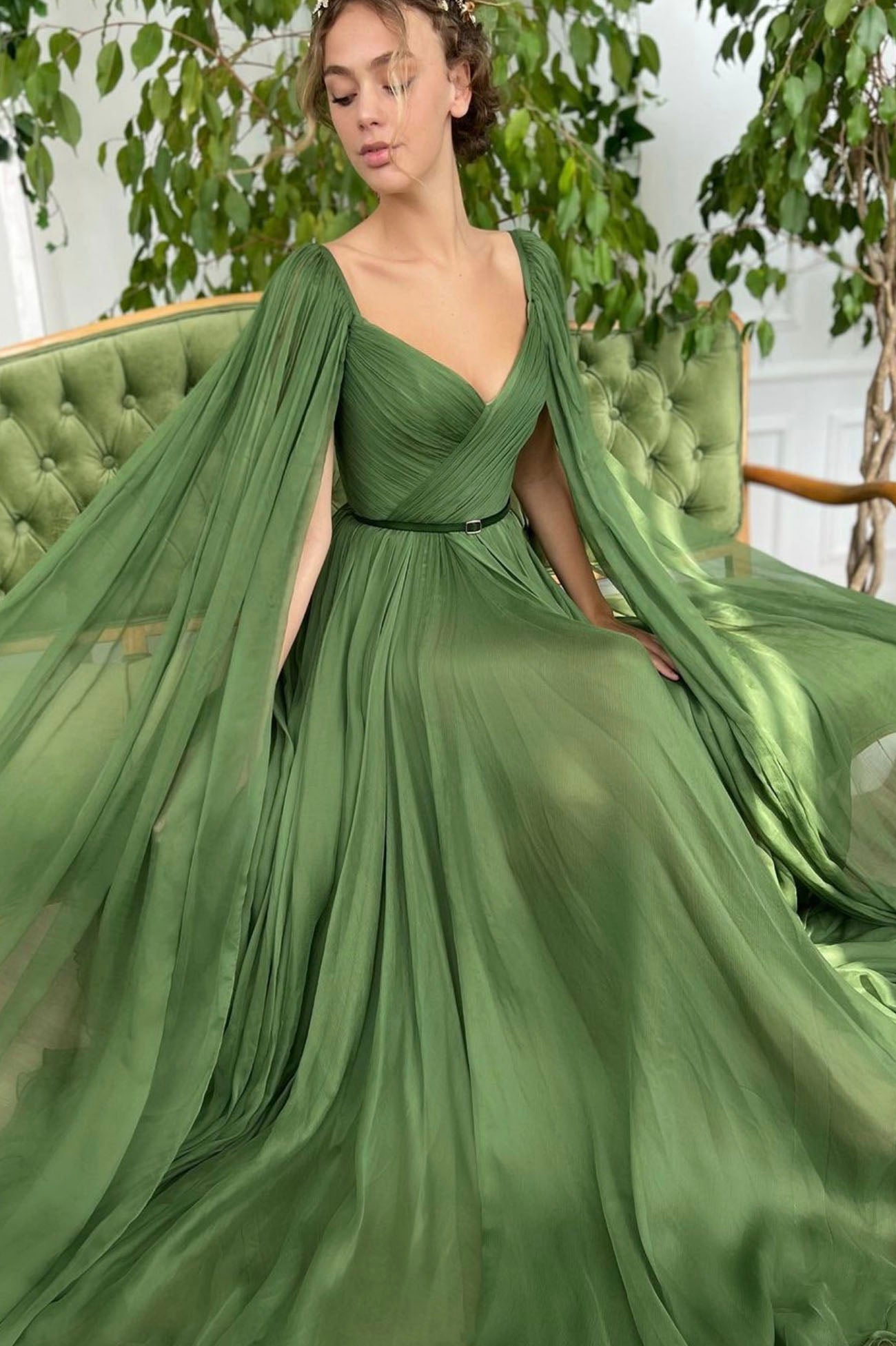 Green Chiffon Long A-Line Prom Dress, Long Sleeve Evening Graduation Dress