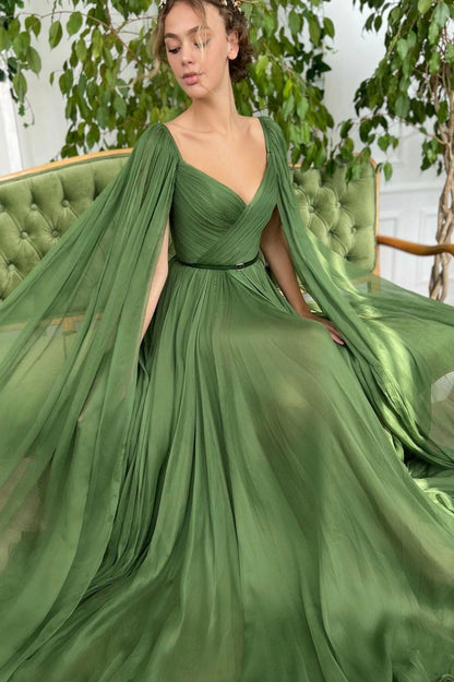 Green Chiffon Long A-Line Prom Dress, Long Sleeve Evening Graduation Dress