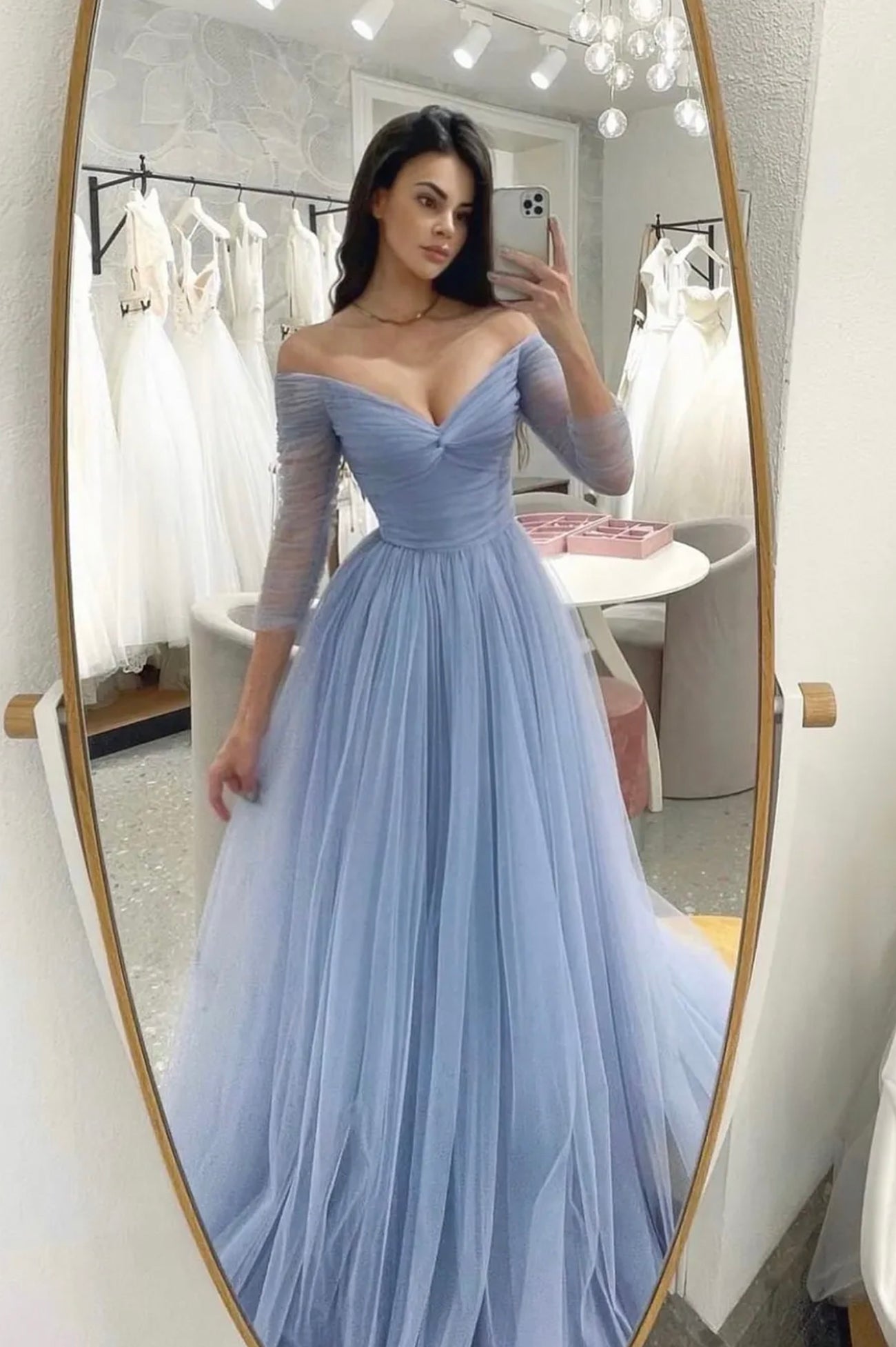 Vestido de fiesta largo de tul azul claro, corte A, escote en V, vestidos de noche para fiesta