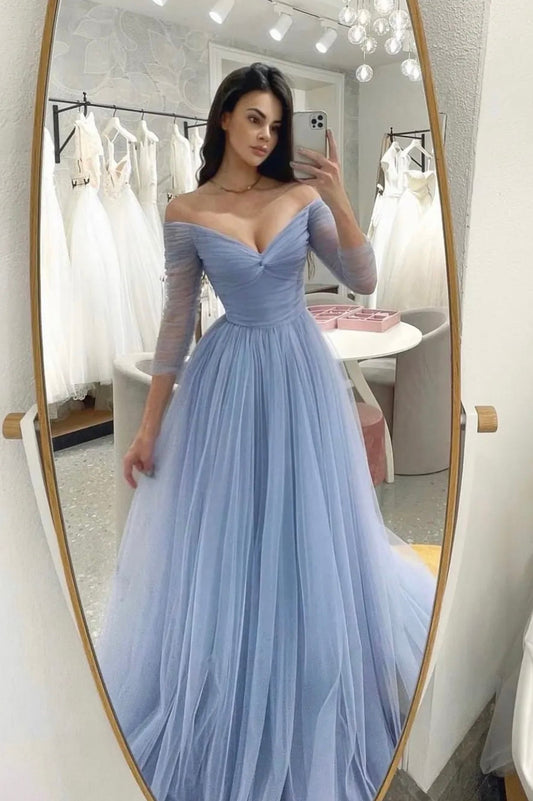 Vestido de fiesta largo de tul azul claro, corte A, escote en V, vestidos de noche para fiesta