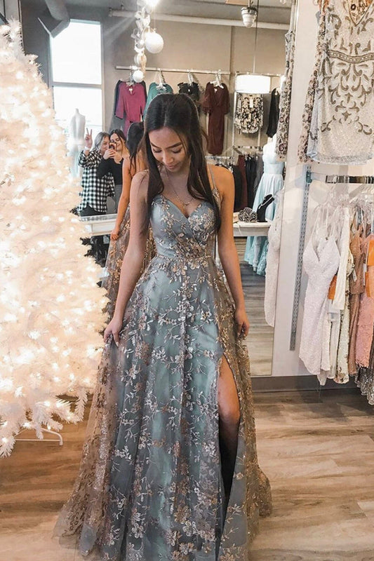 A-Line Tulle Sequins Long Prom Dress, V-Neck Backless Graduation Dress