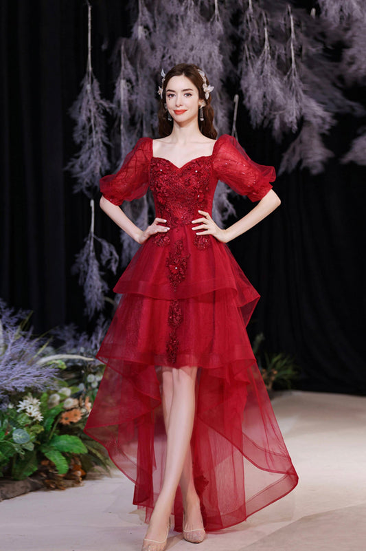 Burgundy Tulle High Low Prom Dress, Cute Short Sleeve Homecoming Party Dress