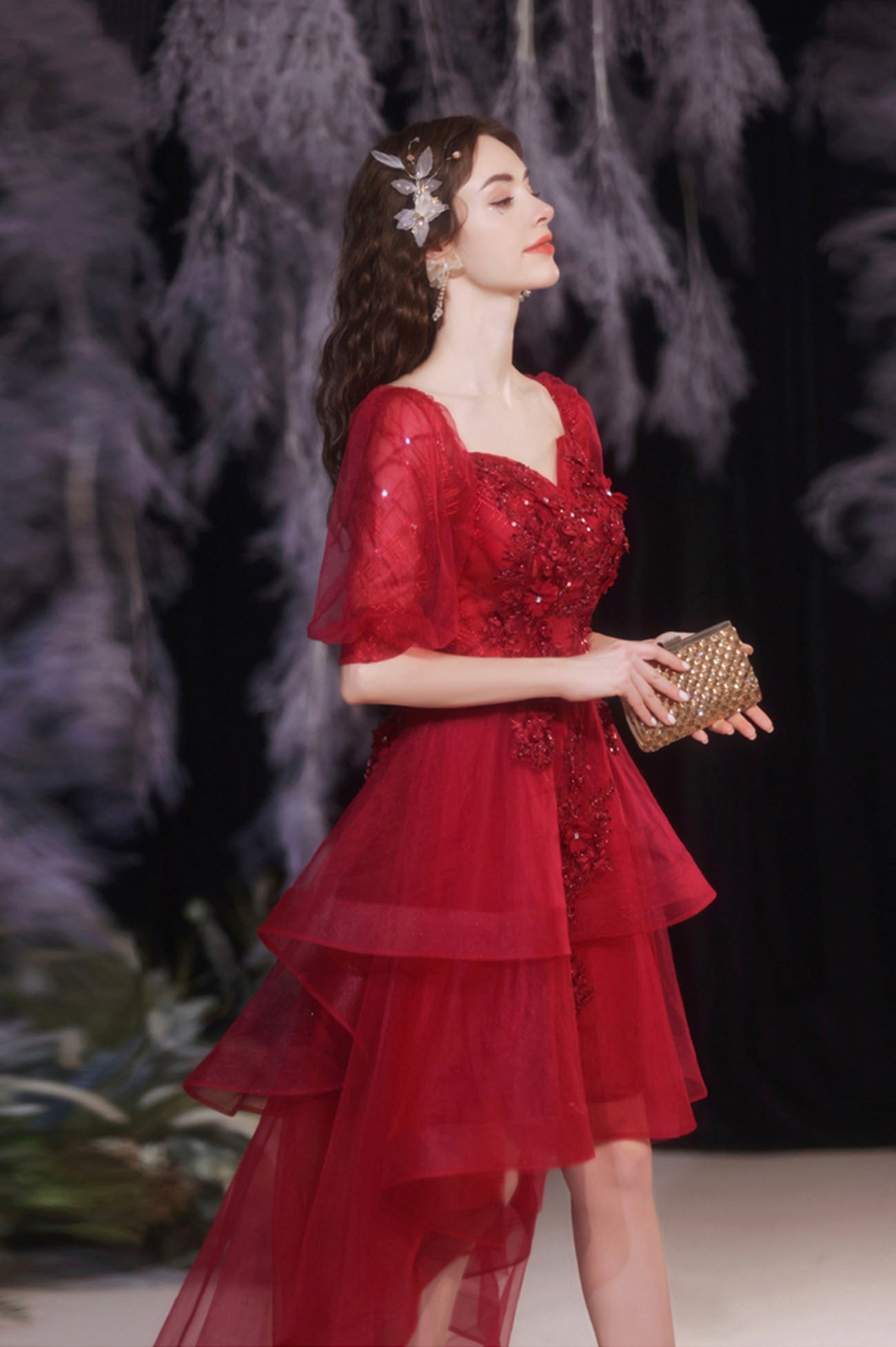 Burgundy Tulle High Low Prom Dress, Cute Short Sleeve Homecoming Party Dress