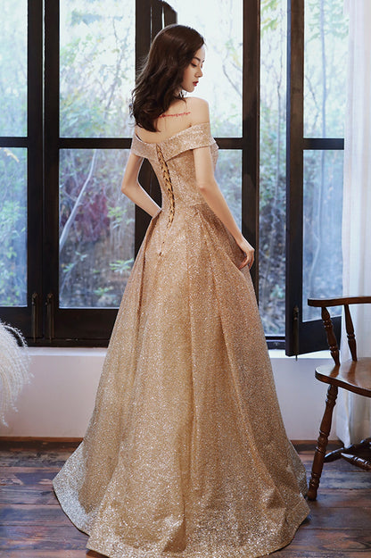 Gold Sequins Off the Shoulder Prom Dress, Shiny A-Line Evening Party Dress