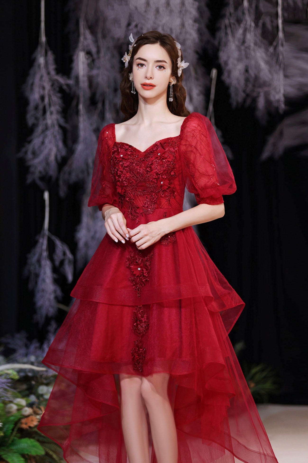 Burgundy Tulle High Low Prom Dress, Cute Short Sleeve Homecoming Party Dress