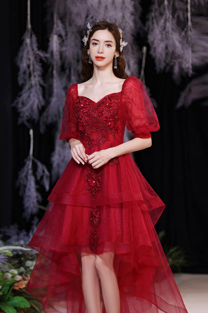 Burgundy Tulle High Low Prom Dress, Cute Short Sleeve Homecoming Party Dress