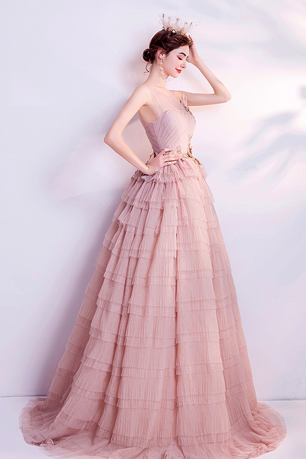 Pink Tulle Long A-Line Prom Dress, Pink Scoop Neckline Formal Evening Dress