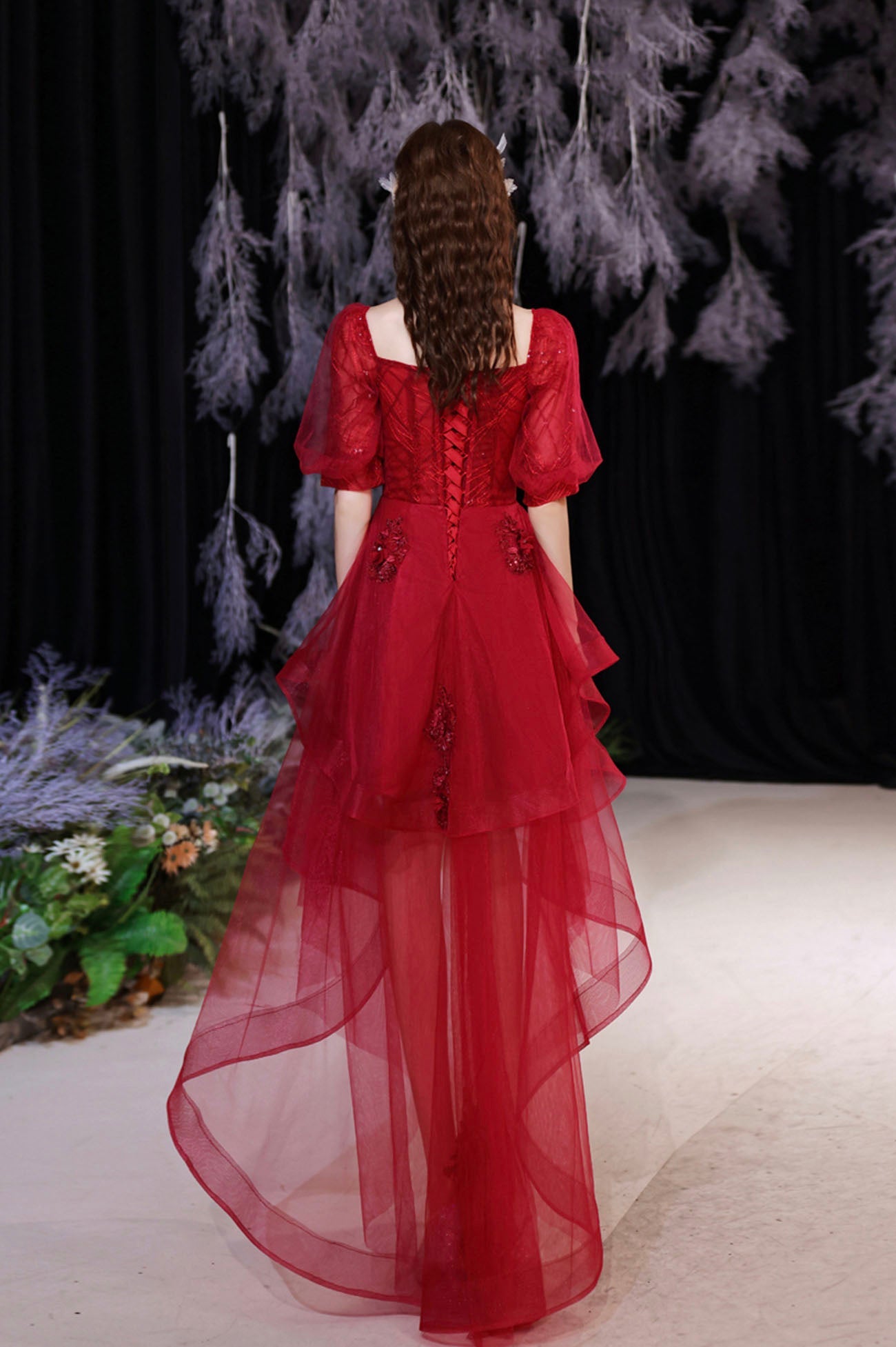 Burgundy Tulle High Low Prom Dress, Cute Short Sleeve Homecoming Party Dress