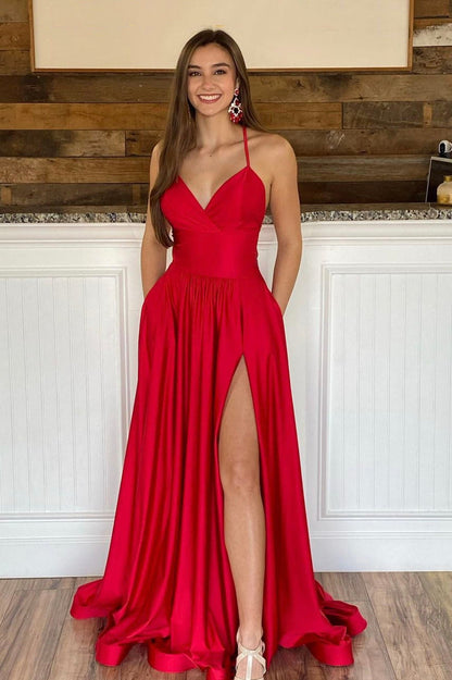 Red Satin Long A-Line Prom Dress, Red Backless Evening Dress with Slit