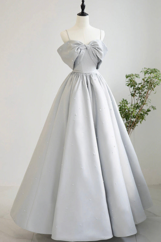 Gray Satin Long Prom Dress, A-Line Spaghetti Straps Evening Graduation Dress