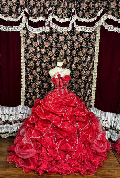 Vestido de noche vintage rojo con escote en forma de corazón, lentejuelas, sin tirantes, corte A, con flores 3D, TP3786