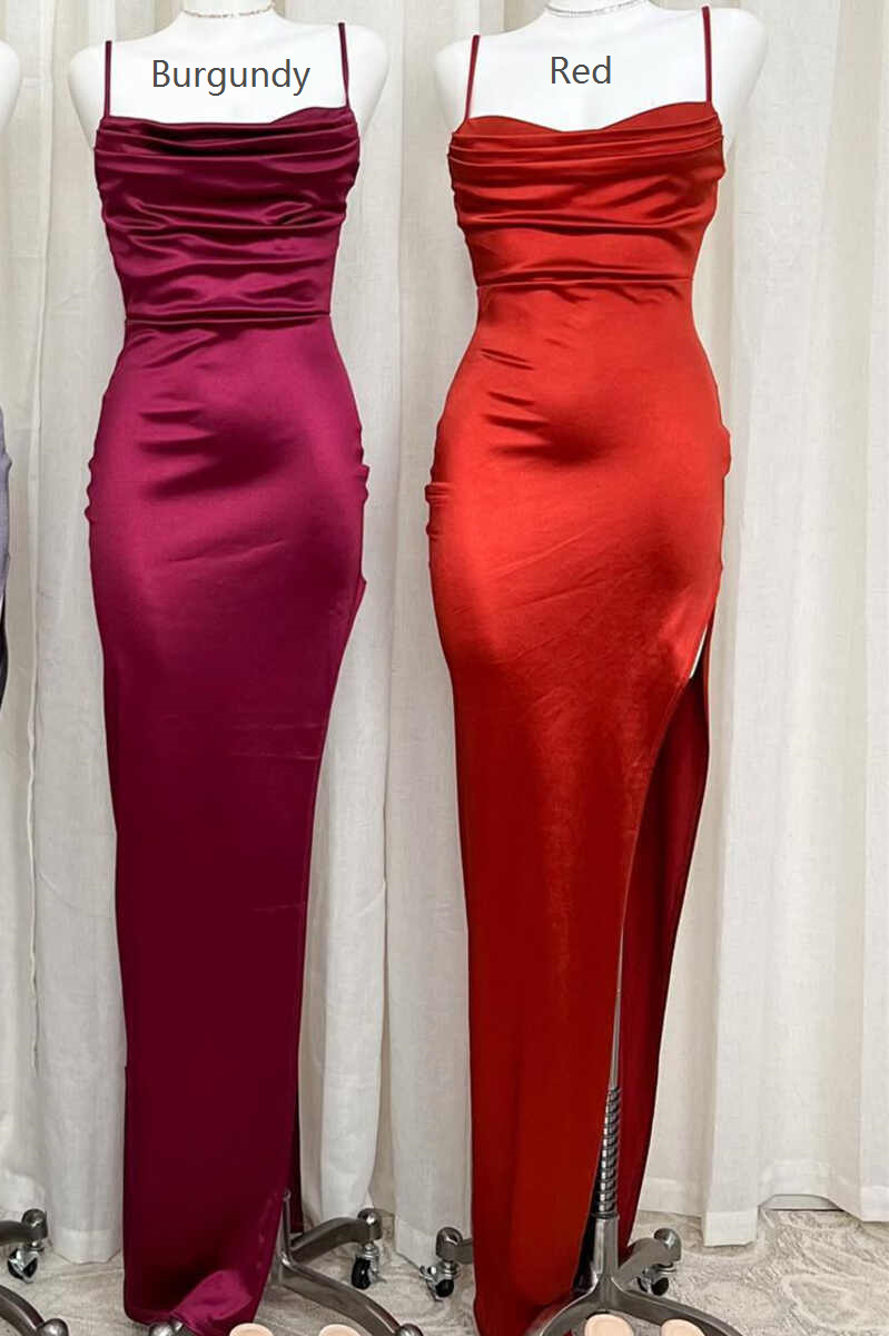 Vestido formal largo de satén azul rey con cuello vuelto y abertura