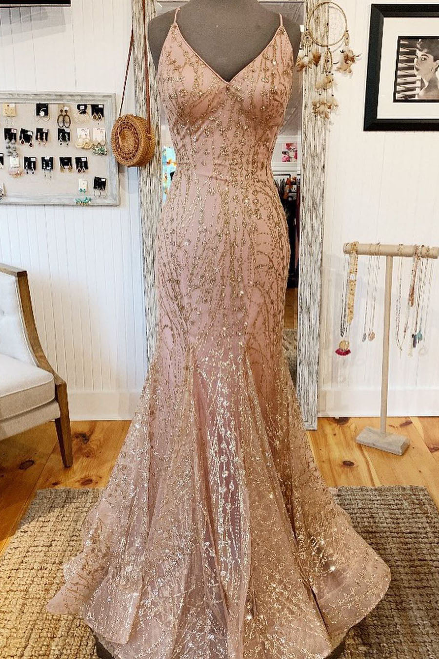 Mermaid V-Neck Rose Gold Long Prom Dress with Criss Cross Back GP260