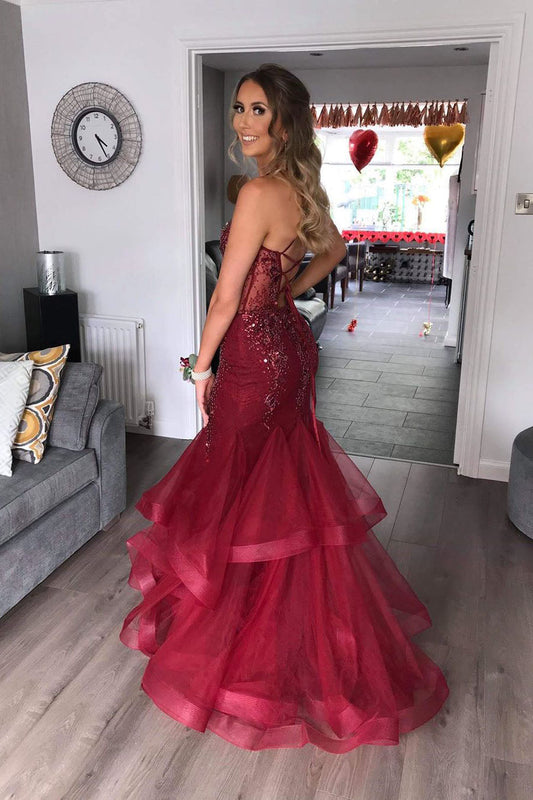 Gorgeous V Neck Mermaid Burgundy Tulle Beaded Long Prom Dress with Ruffles GP392